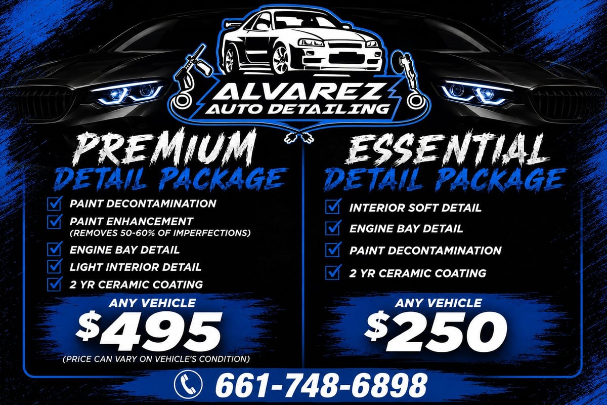 Alvarez Auto Detailing promotional flyer showing Premium Package at $495 and Essential Detail Package at $250 with service details and contact number